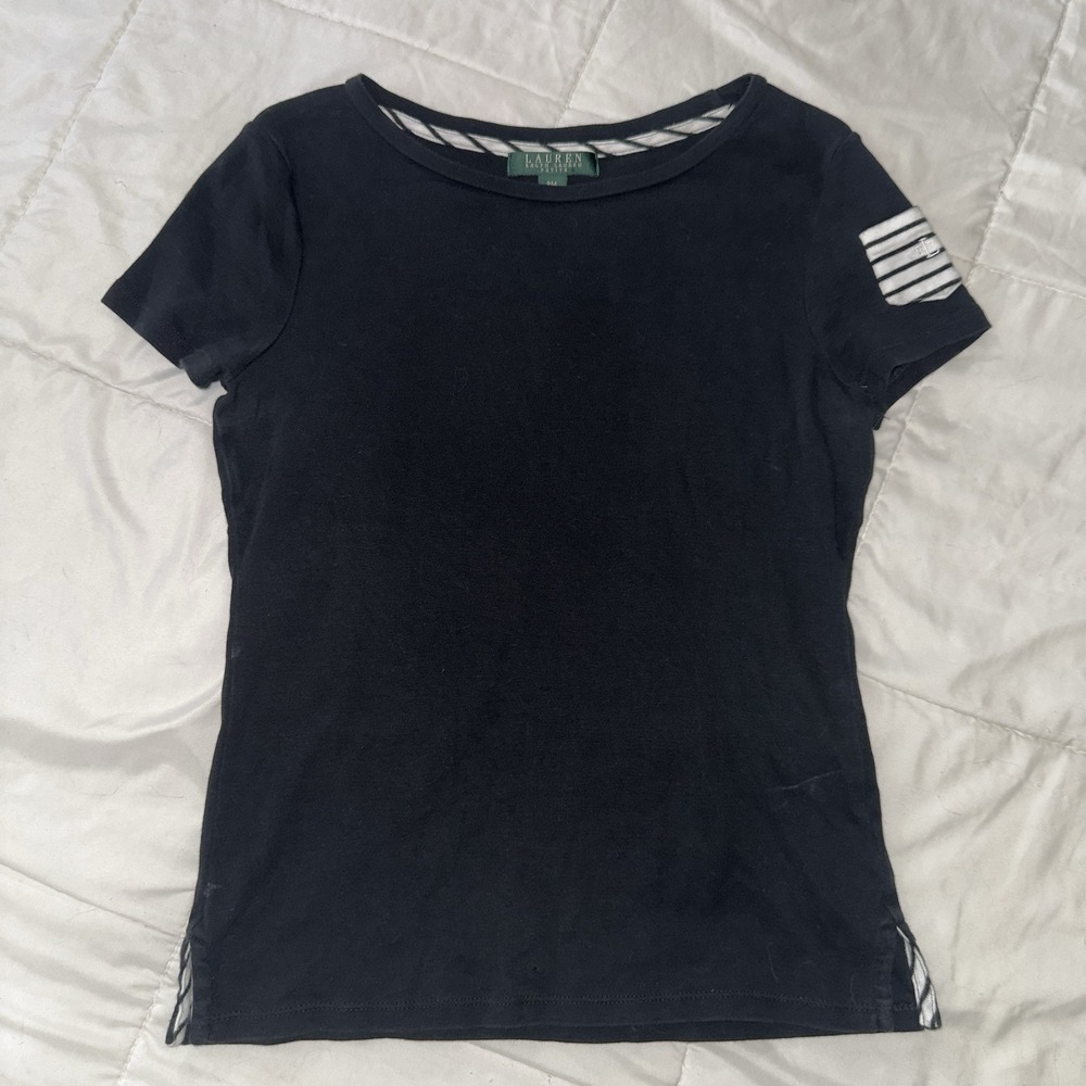 Lauren Ralph Lauren Women's Petite Medium Black 100% Cotton Shirt Stripe Accents